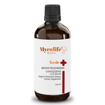 Mycolife Basic Reishi Mushroom Extract 100ml amber bottle labeled Dual Extraction organic vegan alcohol-free