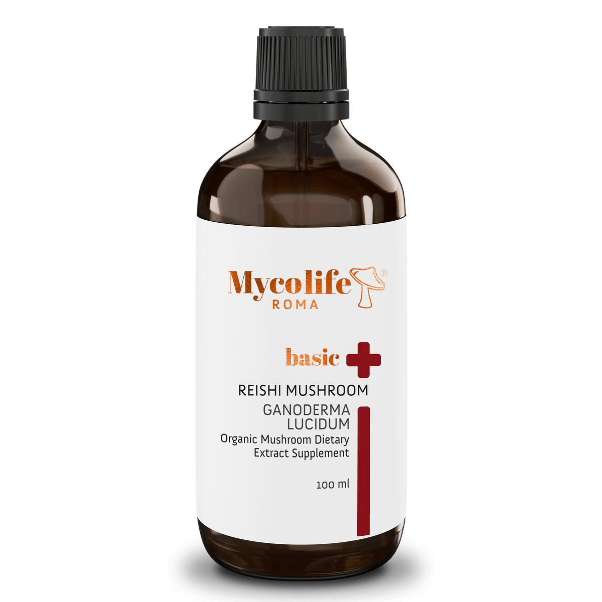 Mycolife Basic Reishi Mushroom Extract 100ml amber bottle labeled Dual Extraction organic vegan alcohol-free